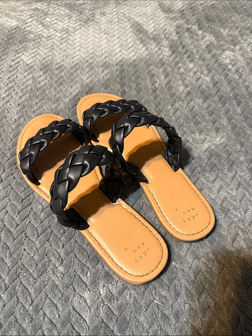 a new day Black Braided Double-Strap Slide Sandals with Tan Footbed